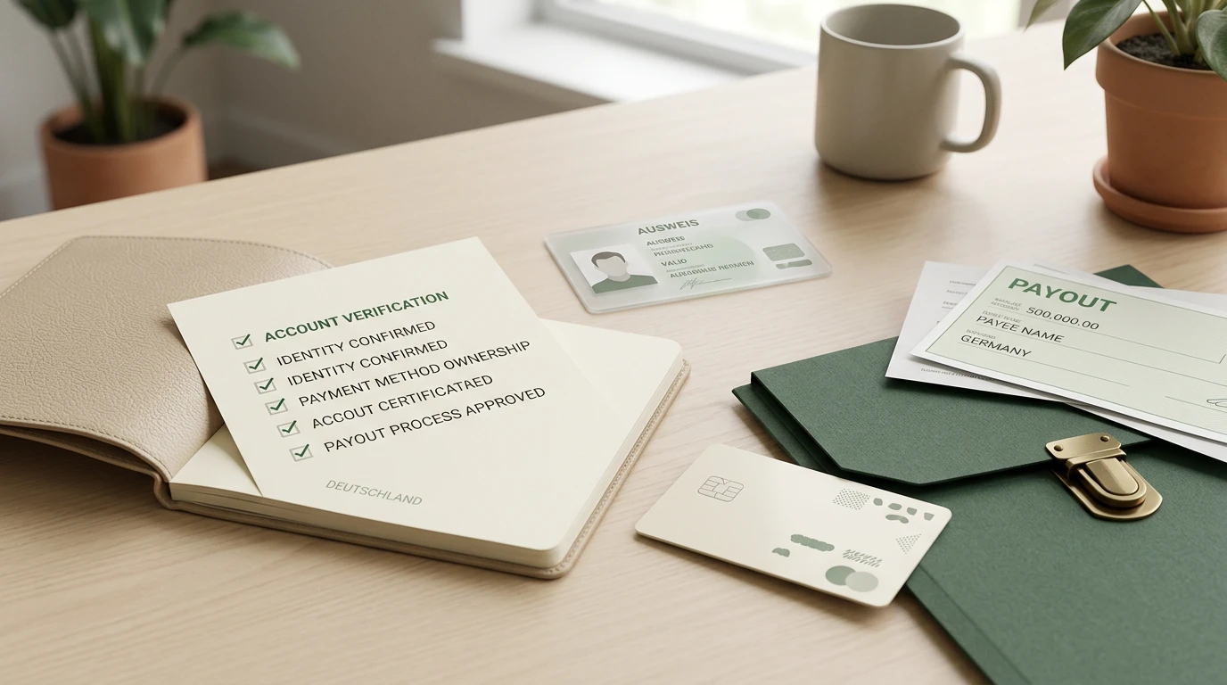 Sachliche Darstellung von Identitätsprüfung, Zahlungskonto und Auszahlungsschritten